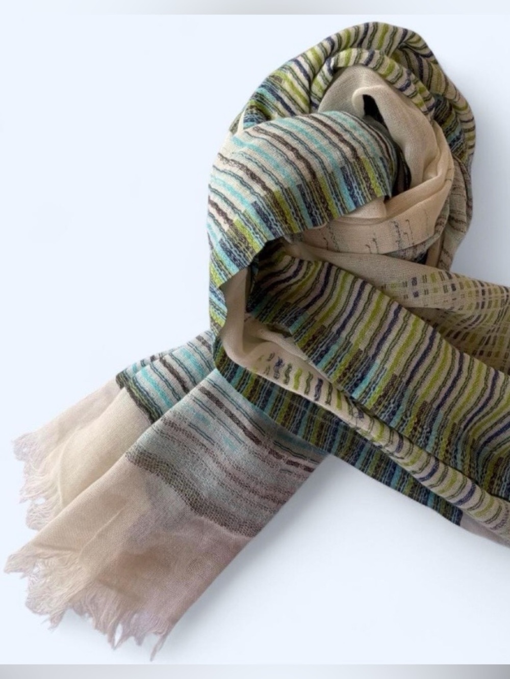 NEW 100% cotton Striped Lightweight Scarf in Beige, Green & Blue